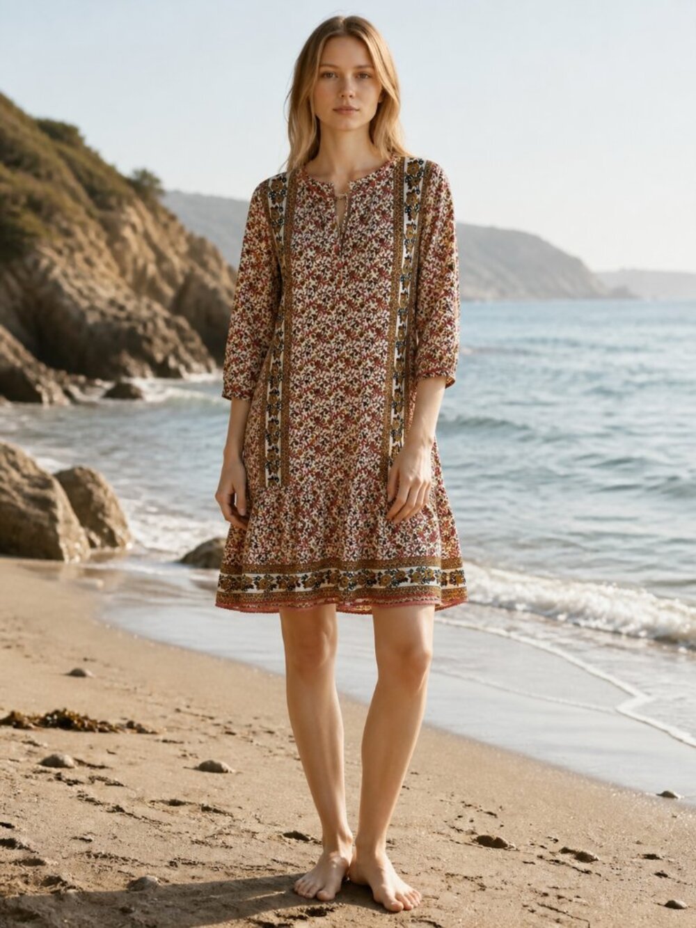 Ann Taylor Loft Size M Medium 100% Cotton Swim Cover Up Dress 3/4 Sleeve Mini